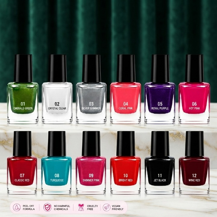 Pack of 12 - Peel Off Nail Paints - Cosmetic Nail Polish Designed For Easy Removal And Vibrant Color Maintenance Routine (Random Color)3762436