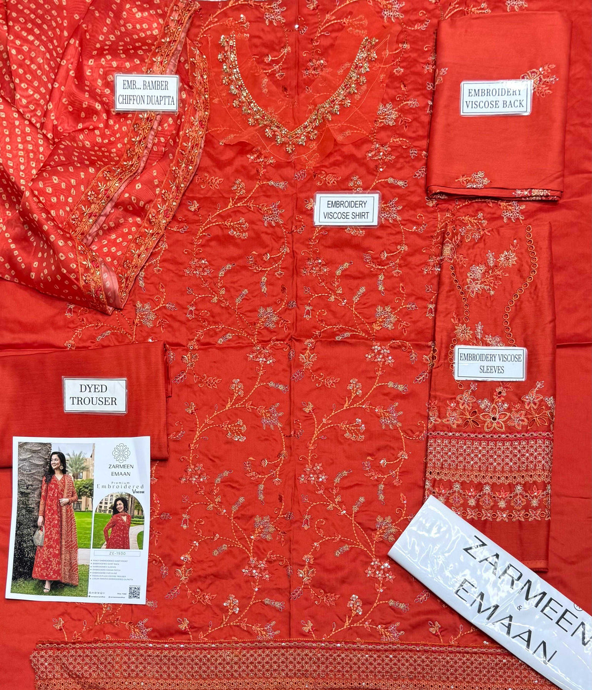 Zarmeen Emaan Fancy Embroidered Shirt Front Back Sleeves Daman Patch Neckline With Premium Viscose Trouser And Printed Embroidered Dupatta3764656
