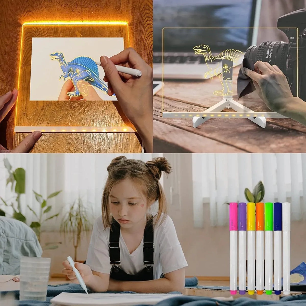 LED Light-up Acrylic Dry Erase Board with Markers | Colorful DIY Notes & Erasable Neon Pens 15x15 Cm3764864
