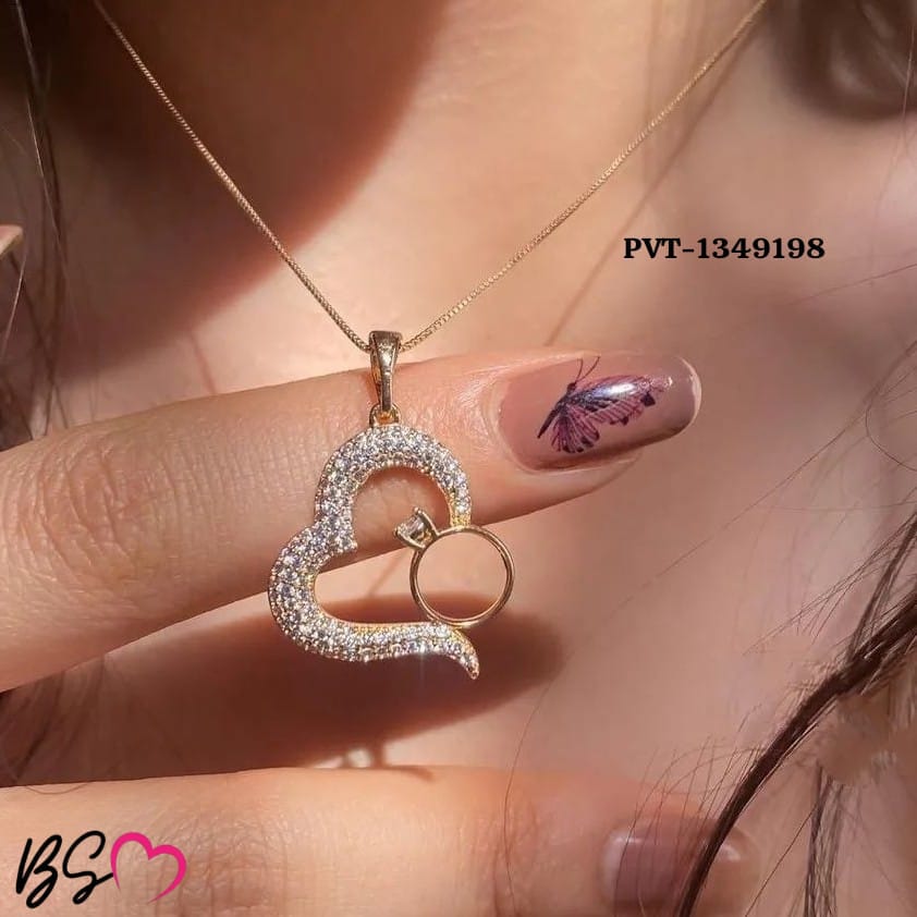 Korean Heart Locket With Ring – Elegant Golden Pendant Necklace - Sku PVT-1983763840