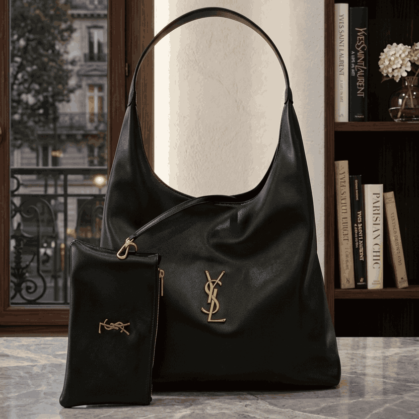 Luxury YSL Imported Tote Bag (Large Capacity) – High-Quality Black Leather Shoulder Bag with Pouch | Premium Designer Bag( without box)3757576