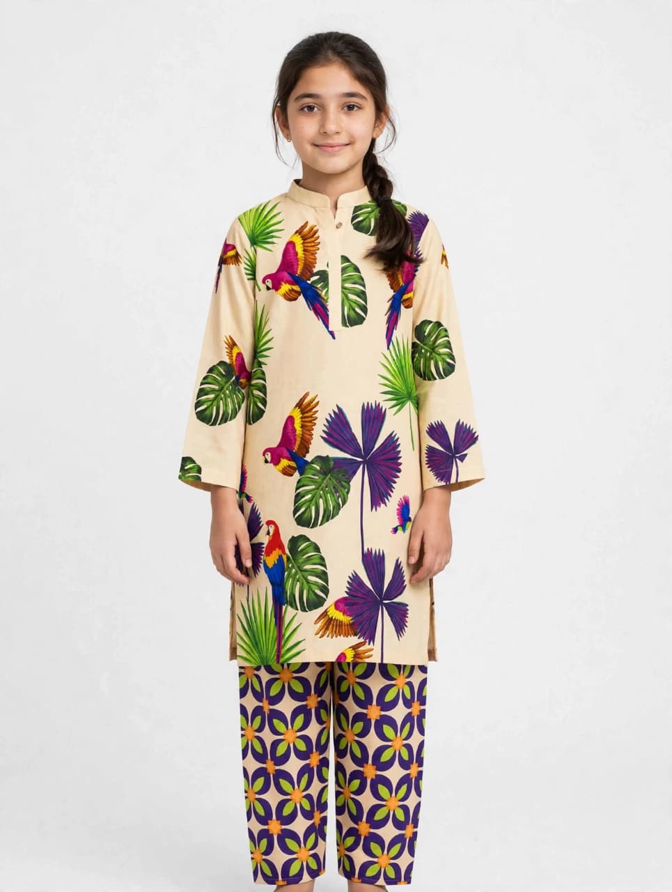 Girls Beige Printed Stitched CoOrd Set With Long Sleeve Shirt And Matching Trouser 3762466