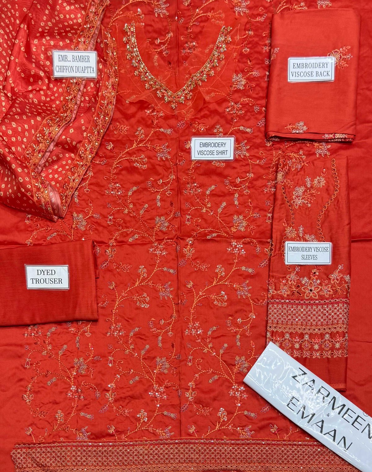 Zarmeen Emaan Fancy Embroidered Shirt Front Back Sleeves Daman Patch Neckline With Premium Viscose Trouser And Printed Embroidered Dupatta3764656