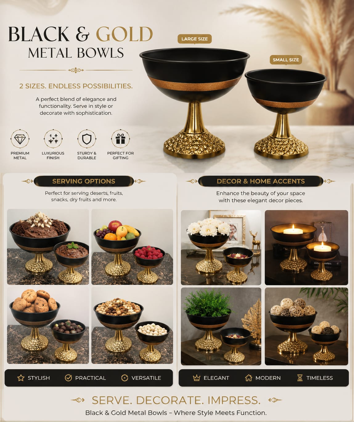 Luxury Metal Decorative Bowl Black & Gold Finish | Premium Centerpiece Bowl for Home Decor, Dining Table & Gift Use | Size 25x25x25cm. 3760603
