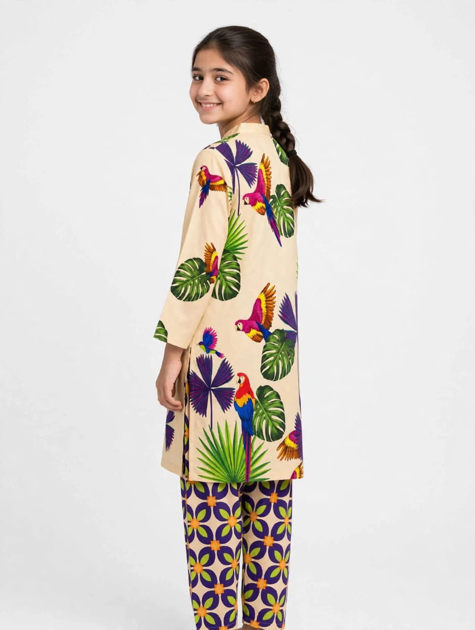 Girls Beige Printed Stitched CoOrd Set With Long Sleeve Shirt And Matching Trouser 3762466