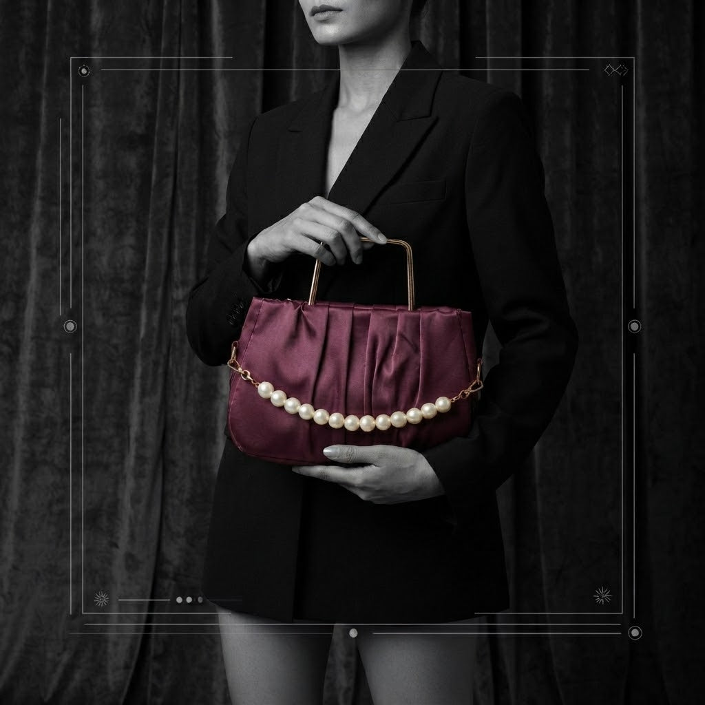 Elegant Pleated Maroon Handbag with Pearl Detail3766037