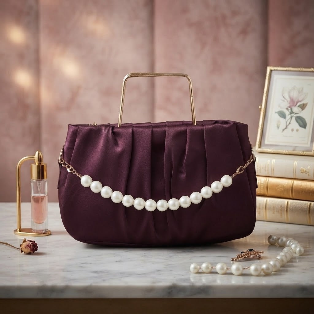 Elegant Pleated Maroon Handbag with Pearl Detail3766037
