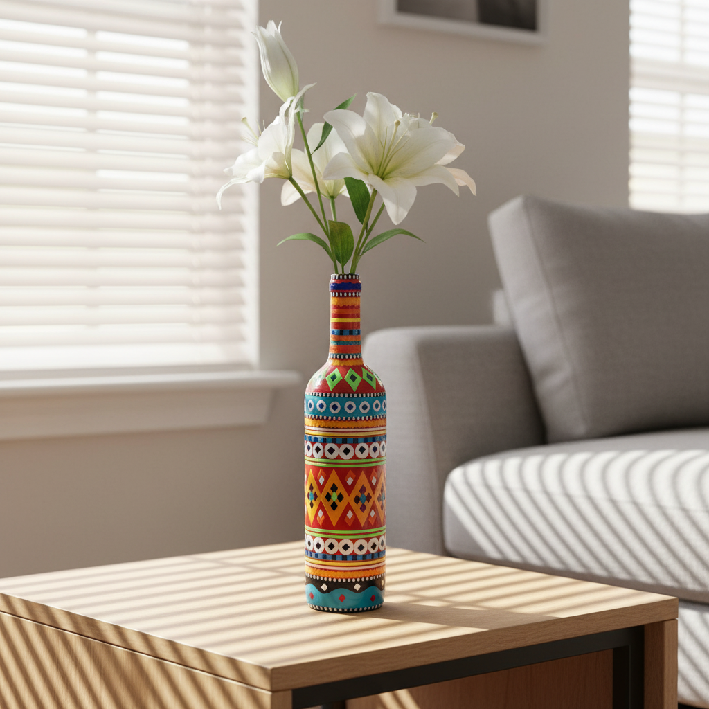 Traditional Truck Art Decorative Glass Bottle Vase – Handcrafted Multicolor Home Decor (750ml)3753308
