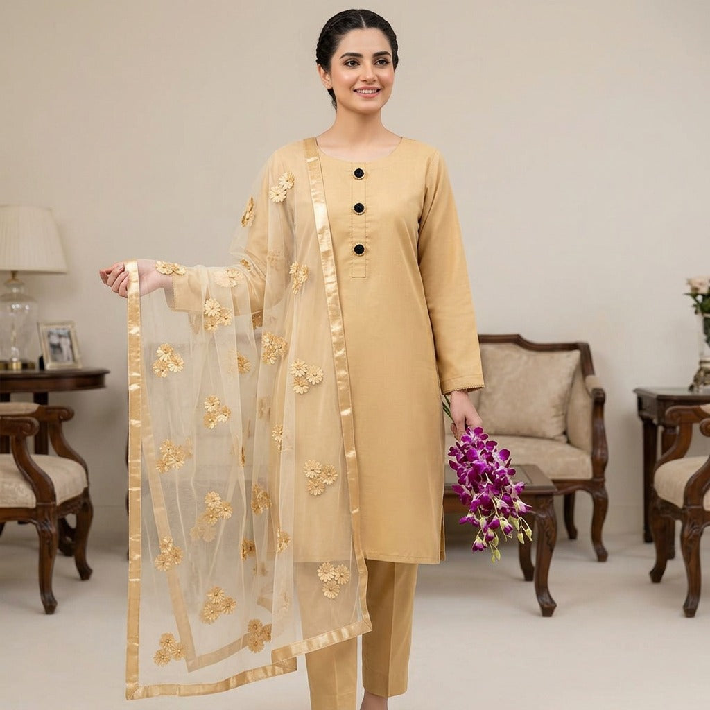 Premium Katan Silk Unstitched 3 Piece Suit With Net Dupatta For Women.      3762304