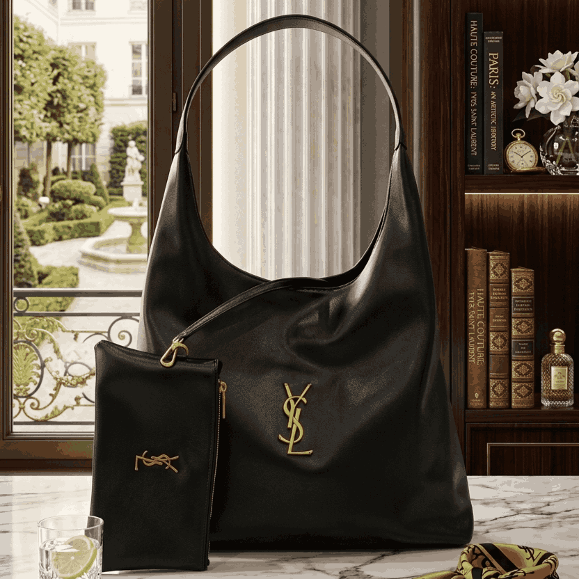 Luxury YSL Imported Tote Bag (Large Capacity) – High-Quality Black Leather Shoulder Bag with Pouch | Premium Designer Bag( without box)3757576