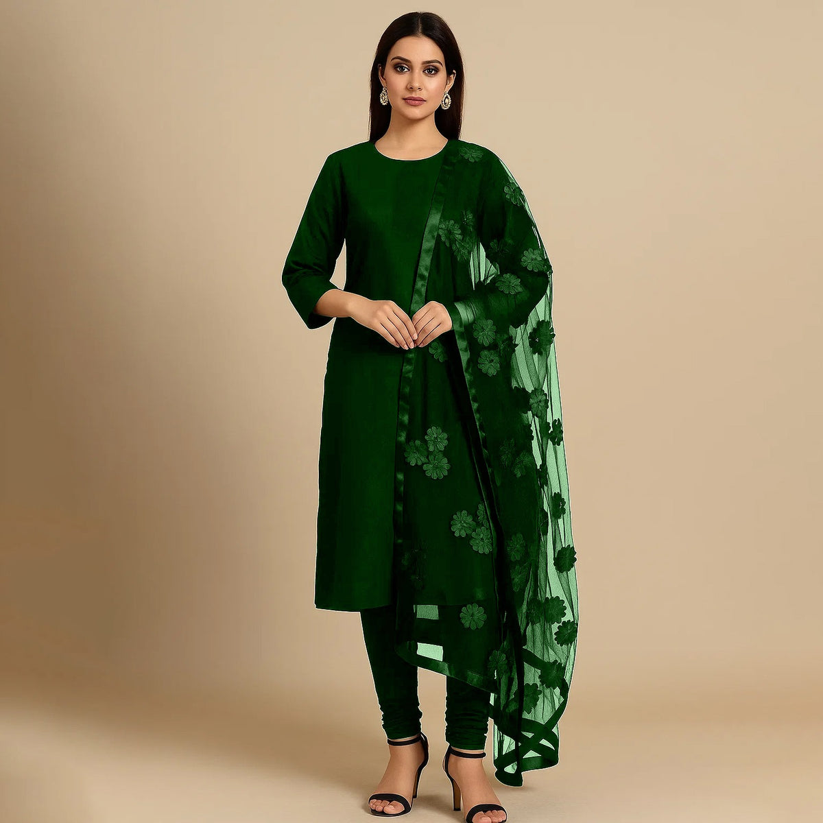 Premium Katan Silk Unstitched 3 Piece Suit With Net Dupatta For Women.      3762304