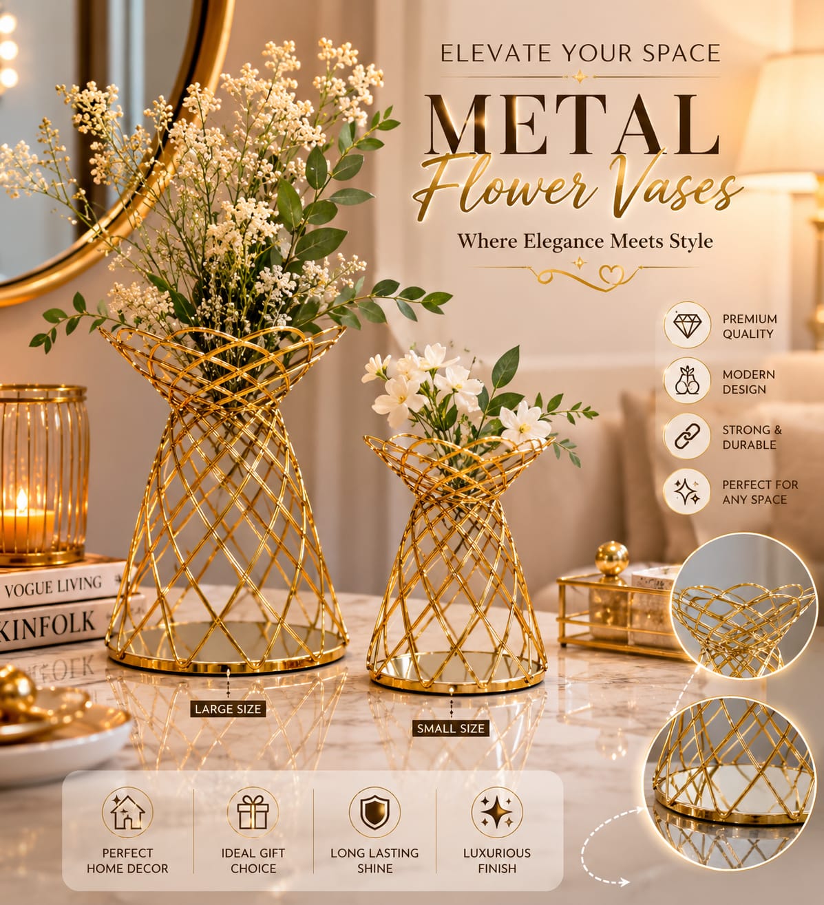 Luxury Decorative Table Vase | Modern Metal Flower Vase for Home & Office Décor | Without Flowers 15x15x18cm.  3760608